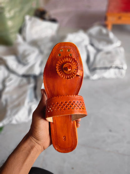 Ladies Angtha Patta Orange Kolhapuri Chappal